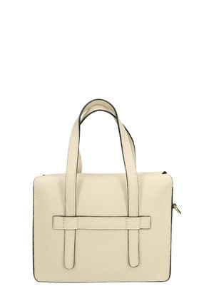 Ett kremfarbener Lederbeutel mit strukturiertem Design, zwei kurzen Griffen und schwarzen Akzenten. Verfügt über eine strukturierte Oberfläche und einen Reißverschluss.