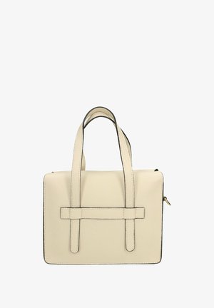 Ett kremfarbener Lederbeutel mit strukturiertem Design, zwei kurzen Griffen und schwarzen Akzenten. Verfügt über eine strukturierte Oberfläche und einen Reißverschluss.