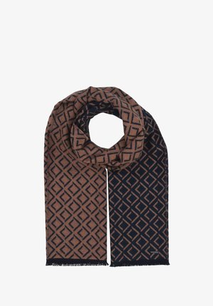 Raibiem rakstiem šalle tumši zilā un brūnā krāsā, ar ģeometriskām dimanta formām. Materiāls ir mīksts ar frēzētām malām, vidēja biezuma.