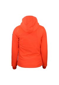 Haut à capuche orange vif, texture lisse et poignets contrastants. Présente un motif subtil sur les épaules et un logo sur la manche.