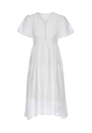 Witte midi-jurk met pofmouwen, V-hals, knoopsluiting aan de voorkant, aangeknipte taille en vloeiende geplooide rok.