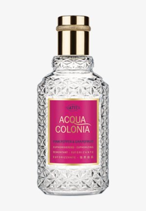 Klares Glasparfümfläschchen mit Muster, goldenem Verschluss und rosa Etikett mit der Aufschrift "Acqua Colonia Pink Pepper & Grapefruit."