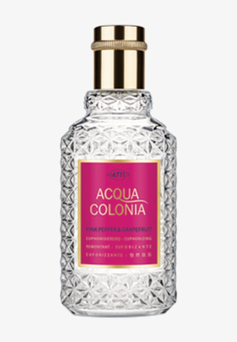 Klares Glasparfümfläschchen mit Muster, goldenem Verschluss und rosa Etikett mit der Aufschrift "Acqua Colonia Pink Pepper & Grapefruit."