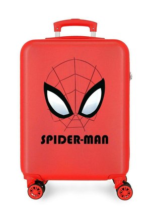 Maleta rígida roja con diseño de máscara de Spider-Man y patrón de telaraña, con cuatro ruedas giratorias rojas y asa telescópica.