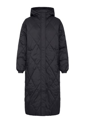 Cappotto lungo nera trapuntato con cappuccio, polsini elastici, chiusura con zip frontale e due tasche laterali.