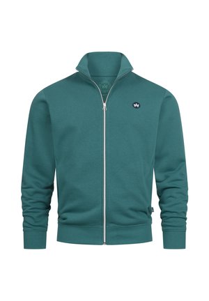 Blågrön zip-up sweatshirt med hög krage, ribbade muddar och en liten logotyp på vänstra bröstet. Mjuk tygstruktur och minimalistisk design.