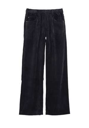 Schwarze Cordhose mit weitem Bein, elastischem Bund und vorderen Taschen vor weißem Hintergrund.