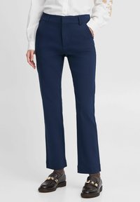 Marineblaue maßgeschneiderte Hose aus glattem Stoff, mit einem geraden BeinDesign, Gürtelschlaufen und einem sauberen Bund.