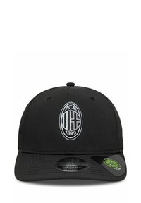 Schwarze Baseballcap aus Baumwolle mit einem gestickten ovalen Logo in Weiß. Enthält einen vorgekrümmten Schirm und einen Snapback-Verschluss.