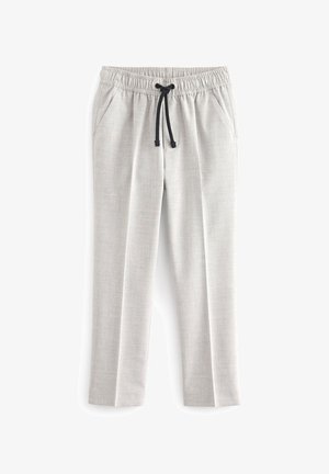 Helle graue, gewebte Stoffhose mit einem elastischen Bund, schwarzem Kordelzug und Seitentaschen. Gerade Passform mit einer glatten Textur.