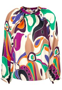 Färgglad mönstrad blus med hög hals, långa ärmar och elastiska manschetter. Designen inkluderar olika svängningar i lila, grönt och orange.