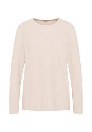 Beige gebreide trui met lange mouwen en een ronde hals, met een klein merklabel aan de binnenkant van de kraag.