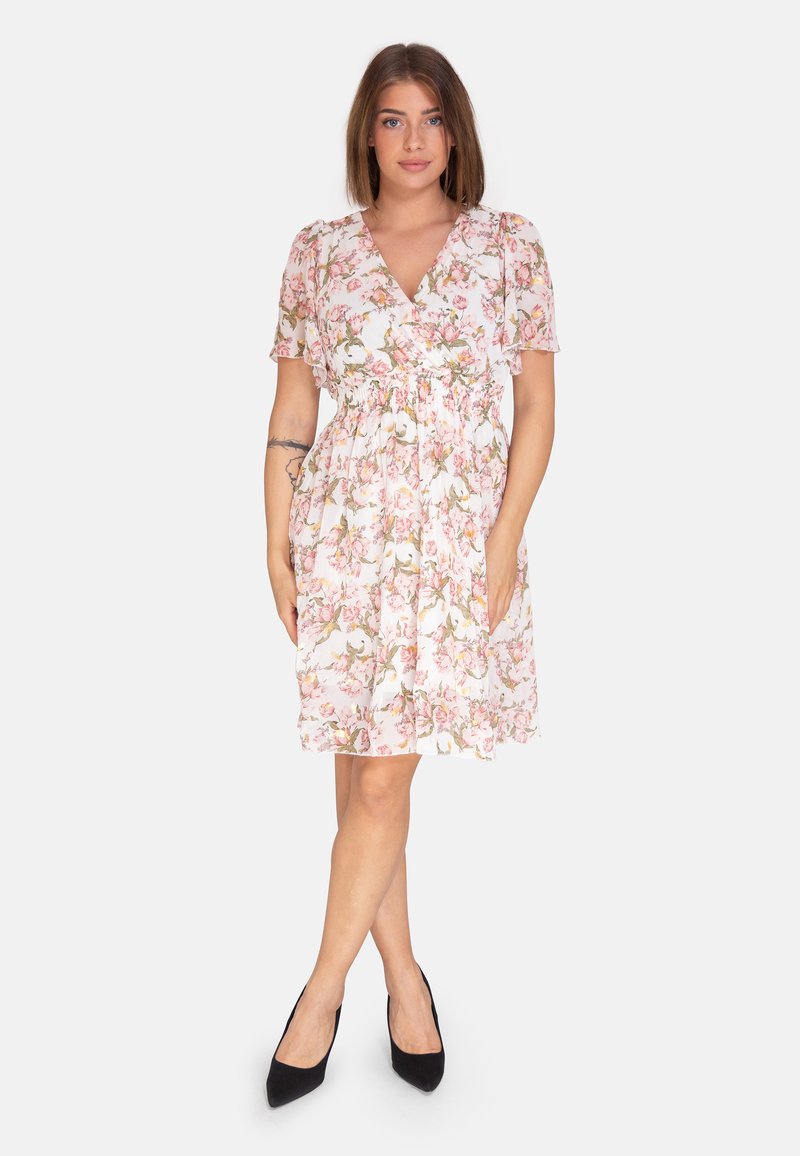 Blumenkleid aus leichtem Stoff, mit einem rosa-weißen Druck, kurzen schwingenden Ärmeln, elastischer Taille und knielangem Saum.