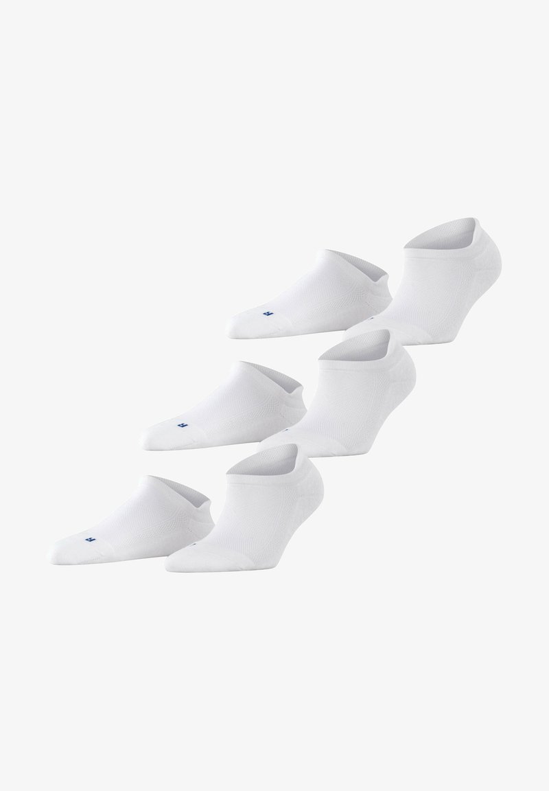 White ankle socks, made of breathable fabric, featuring a textured design with a low cut. Each sock has a small blue logo on the side.