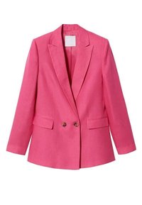 Blazer in lino rosa con un frontale doppiopetto, rever a punte e due tasche frontali. Presenta due bottoni marroni come dettagli, texture liscia.