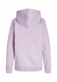 Genser med hette i lys lavendel med sømløs hette, lange ermer, elastiske mansjetter og en myk, glatt tekstur. Bakvinkel.