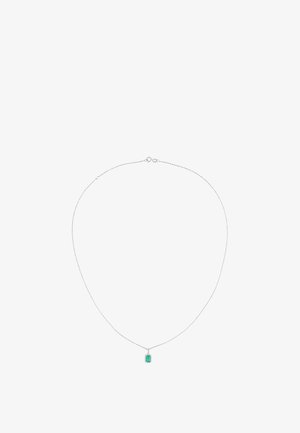 Hõbekett, millel on õhuke ahel ja smaragdikujuline roheline ehted, millel on sujuv tekstuur ja minimalistlik disain.