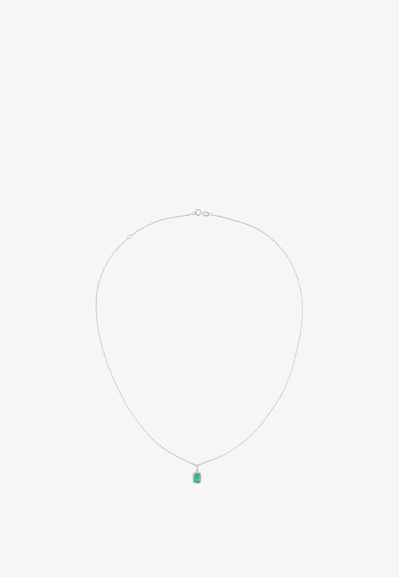 Collar de plata con una cadena delgada y un colgante de piedra preciosa verde en corte esmeralda, con una textura suave y un diseño minimalista.