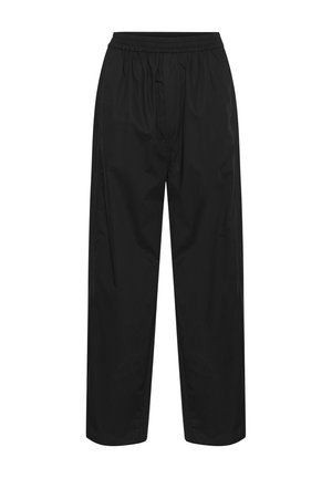 Čierne široké nohavice s elastickým pásom; vyrobené z ľahkej, hladkej tkaniny bez ďalších vzorov alebo kovových detailov.