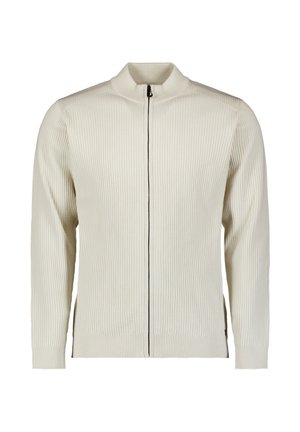 Crème-kleurige geribbelde gebreide zip-up trui met hoge kraag en lange mouwen, weergegeven op een witte achtergrond.