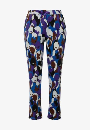 Hose mit einem lebhaften abstrakten Muster von Gesichtern in lila, blau, braun und weiß, mit einem elastischen Bund und einer lila Kordel.