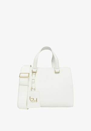 White handbag with two handles, detachable shoulder strap with gold buckle, and a branded tag attached to the strap.
