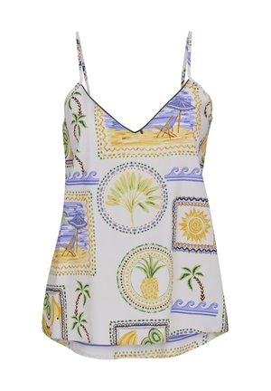 Caraco blanc à fines bretelles, décoré de motifs tropicaux encadrés comprenant des chaises de plage, des palmiers, des ananas, le soleil et des tranches de fruits.