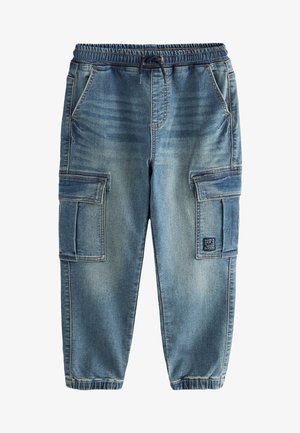 Svetlo modre kavbojke cargo s širokim elastičnim pasom in manšetami, z dvema žepoma spredaj in zaponkami na vsaki nogi.