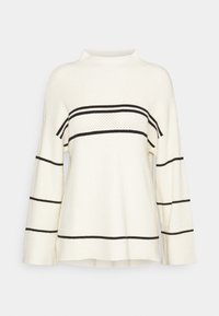 Gräddvitt stickat tröja med svarta horisontella ränder över bröstet och ärmarna, långa ärmar och en kort polokrage.