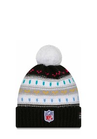 Strickmütze mit einem weißen und grauen Streifenmuster, bunten Akzenten, einem weißen Pompon oben und einem NFL-Logo auf der Vorderseite.