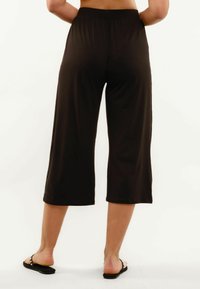 Οπίσθια όψη ενός ατόμου που φοράει φαρδιά μαύρα κοντά παντελόνια και μαύρα σανδάλια slip-on με μικρές τρουκς σε λευκό φόντο.