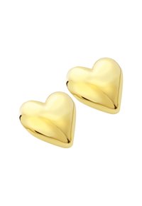 Guldtonade hjärtformade studsringar med en polerad yta och böjda ytor, som har en slät, reflekterande textur.