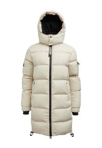 Veste en duvet de couleur beige clair avec une fermeture éclair à l'avant, une capuche surdimensionnée et des poignets côtelés. Présente un cordon de serrage à l'ourlet et une étiquette logo.