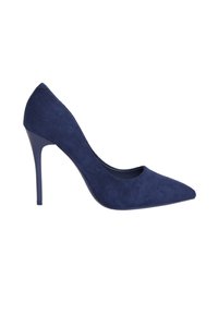 Décolleté in camoscio blu navy con tacco alto, punta affusolata, silhouette elegante e texture liscia. Il tacco a stiletto elevato aggiunge altezza.