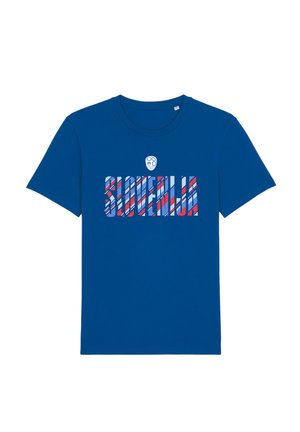 Blaues Kurzarm-T-Shirt mit dem Wort "SLOVENIJA" in roten, weißen und blauen Streifen und einem kleinen weißen Emblem über dem Text.