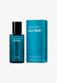 Davidoff Cool Water, 1.35 fl oz, glass bottle in turquoise with a black cap, alongside a matching turquoise box with white text.