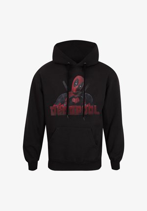 Černá mikina s kapucí se předním potiskem postavy, červenými detaily, stahovací kapucí a přední kapsou. Měkký, bavlněný materiál.