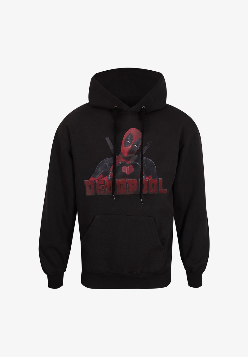 Felpa nera con cappuccio caratterizzata da una grafica frontale di un personaggio, dettagli rossi, cappuccio con cordino e tasca frontale. Materiale in cotone morbido.