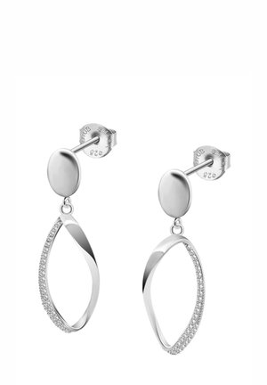 Silberne Ohrringe aus Metall mit einem runden Stecker und einem tropfenförmigen, herabhängenden Element, das mit kleinen klaren Steinen verziert ist.