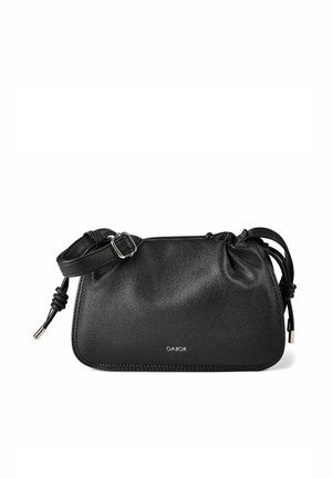 Schwarze, strukturierte Leder-Umhängetasche mit verstellbarem Riemen, Kordelzugenden und kleinem "GABOR"-Logo auf der Vorderseite.