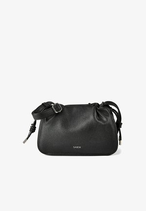 Black textured leather crossbody bag with adjustable strap, drawstring ends, and small "GABOR" logo on front.