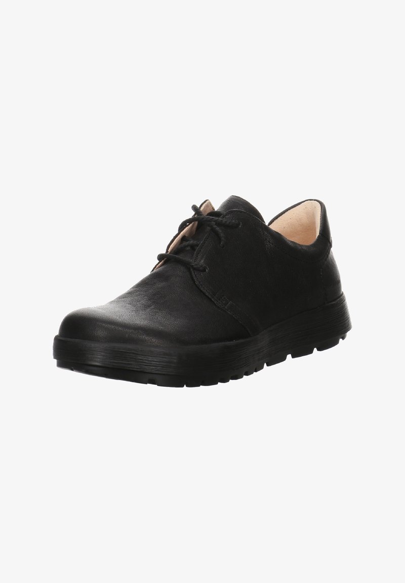 Schwarzer Leder-Schnürschuh mit runder Zehenform, strukturiertem Obermaterial und einer dicken, schwarzen Gummisohle mit einem flachen Design.