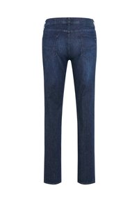 Dunkelblaue Jeans mit geradem Bein, Rückansicht, mit zwei Gesäßtaschen und einem Markenlederpatch am Bund.