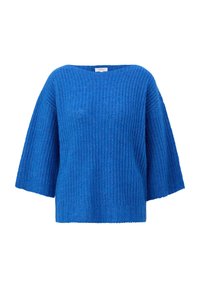 Maglione blu a maglia con una vestibilità ampia, maniche larghe e scollatura rotonda. Tessuto testurizzato; orlo all'altezza dell'anca. Nessun motivo o dettaglio visibile.