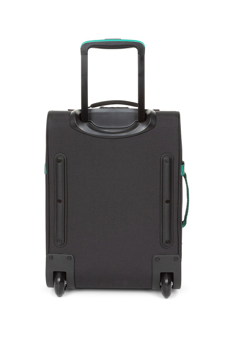 Valise noire à roulettes avec une poignée rétractable, un extérieur texturé et une sangle de transport latérale. Dispose de quatre roues résistantes pour un transport facile.