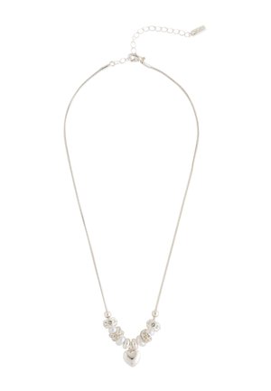 Silberne Halskette mit herzförmigem Anhänger und abwechselnden runden und mit Strass besetzten Perlen.
