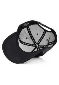 Black cap with a curved brim, made of solid black cotton, featuring a mesh interior and black branding accents on the inside.