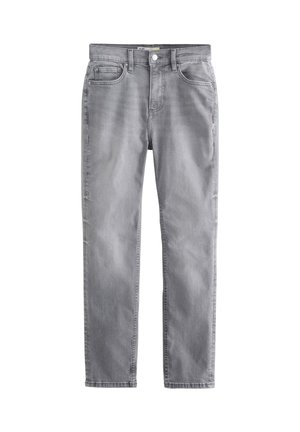 Slim fit, szürke farmernadrág elülső gombbal, cipzárral, övbuzogányokkal és öt zsebbel.