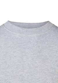 Light gray sweatshirt with a ribbed crew neckline, made of soft, textured fabric. Features a smooth surface with no visible patterns or accents.