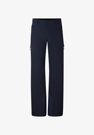 Marineblaue wasserdichte Hose mit geradem Schnitt, ausgestattet mit zwei Reißverschlusstaschen und verstärkten unteren Einsätzen für Langlebigkeit.